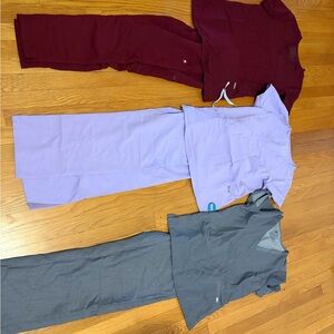 Set of Scrub Tops and Pants in Burgundy, Lavender, and Gray